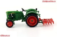 Коллекционная масштабная модель 1:43 Колесный трактор Deutz F2L 612/6 with Prongs Harrow (1956 г.) с журналом Тракторы №121 (Hachette)